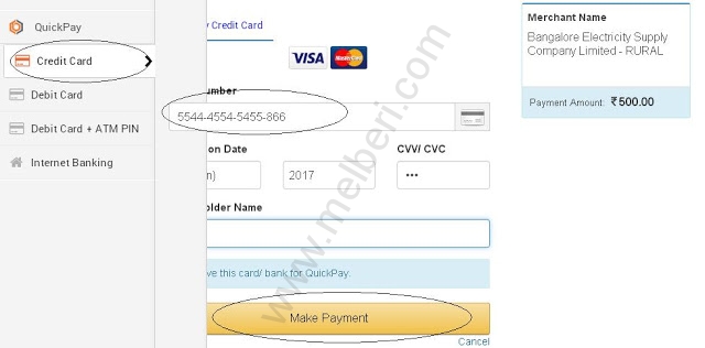 BESCOM Online Bill Payment through Credit Card
